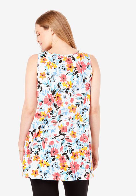 Perfect Printed Sleeveless Shirred U-Neck Tunic, , on-hover image number null
