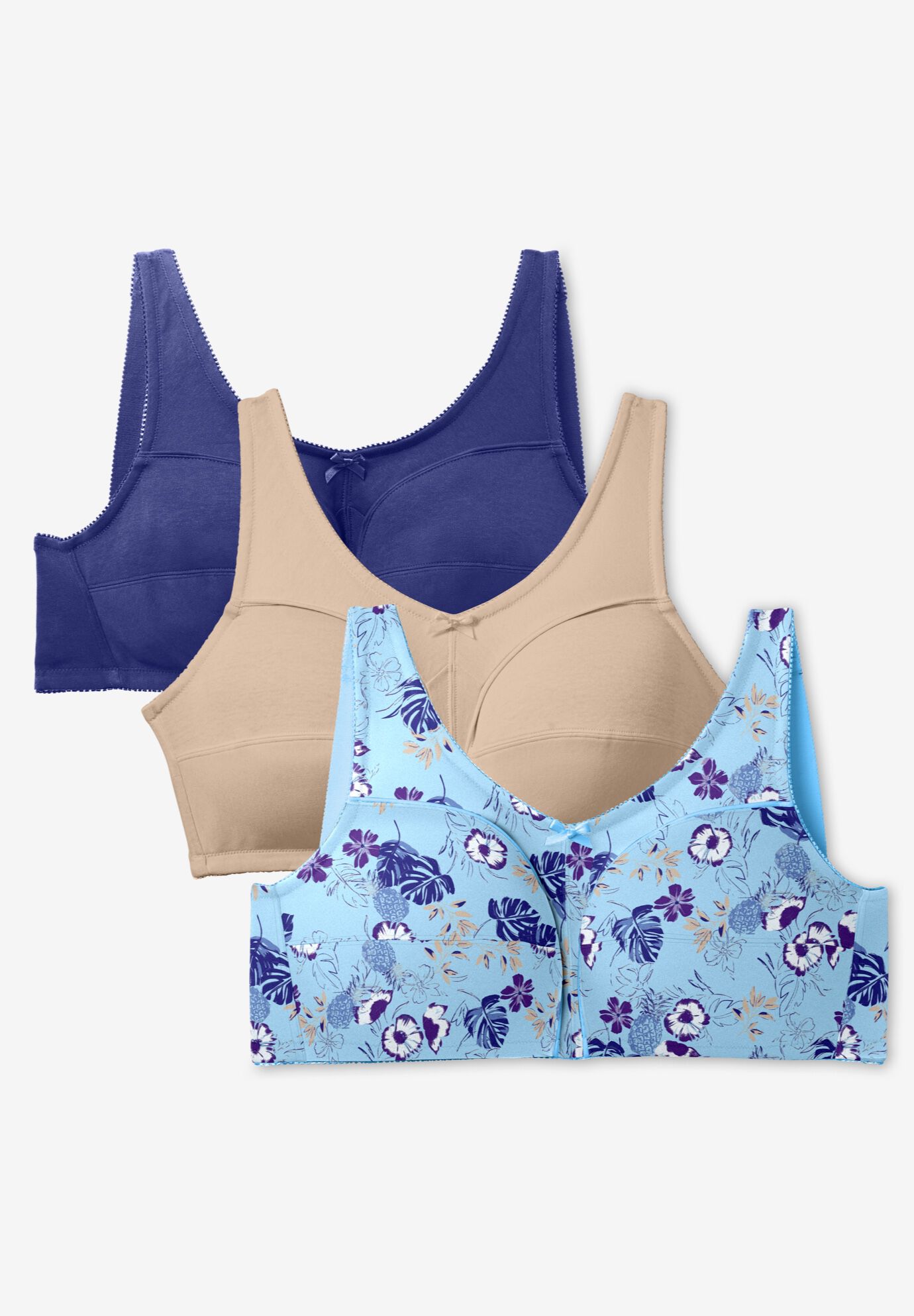3-Pack Cotton Wireless Bra, TROPICAL PINEAPPLE ASSORTED, on-hover image number 1
