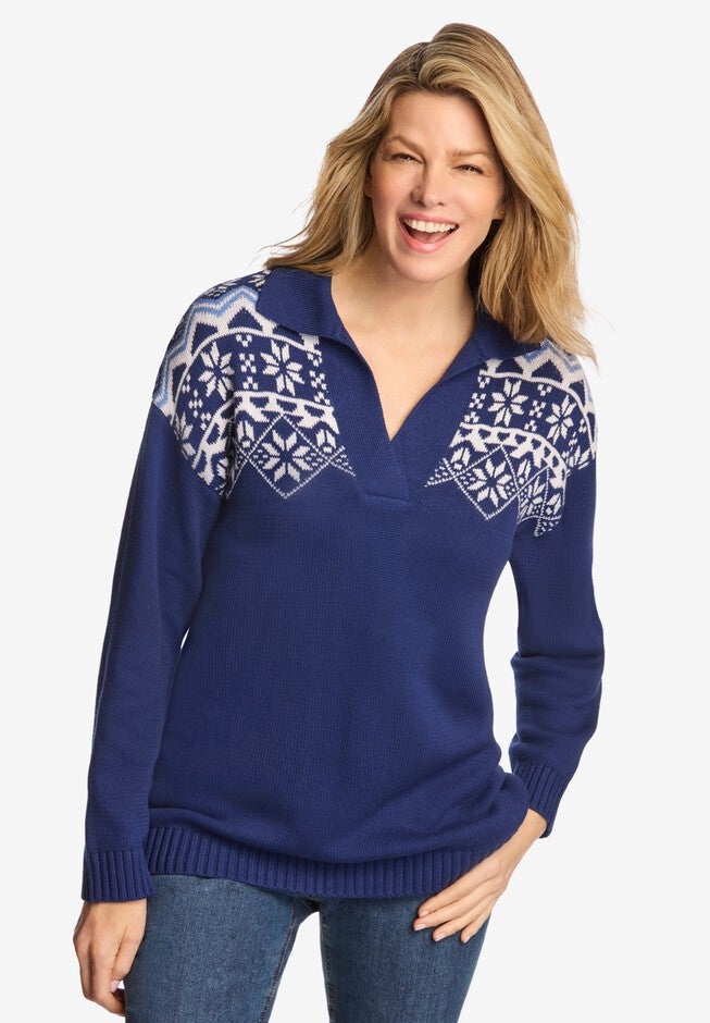 Pullover Fair Isle V-Neck Sweater, , alternate image number null