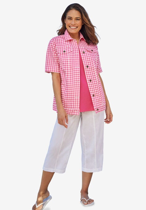 Short-Sleeve Denim Jacket, RASPBERRY SORBET MINI GINGHAM, hi-res image number null