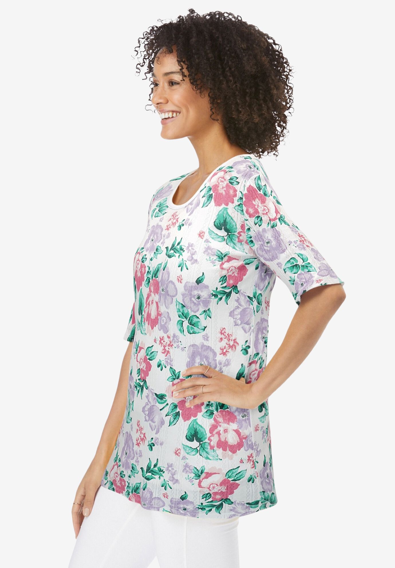 Pointelle Scoopneck Tee, WHITE PAINTED FLORAL, alternate image number 2