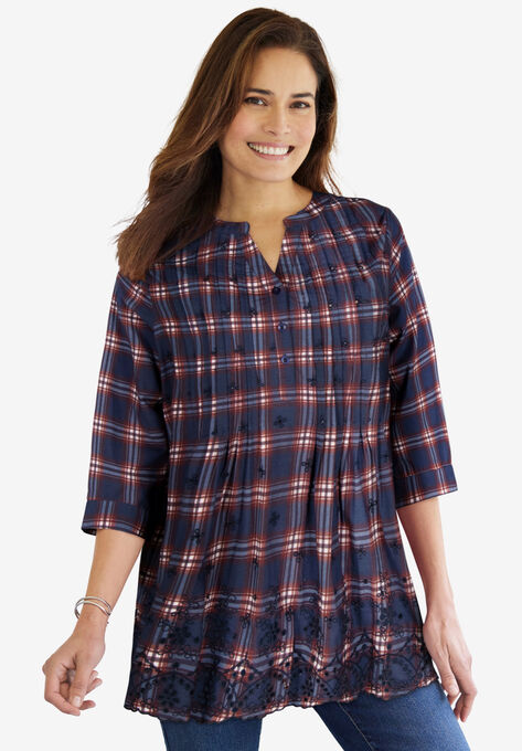 Embroidered Cotton Tunic, NAVY PLAID EYELET EMBROIDERY, hi-res image number null