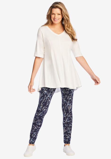 Elbow Sleeve V-Neck Fit and Flare Tunic, WHITE, hi-res image number null