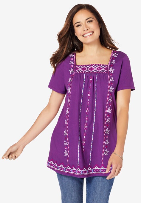 Embroidered Square Neck Tee, PLUM PURPLE MULTI EMBROIDERY, hi-res image number null