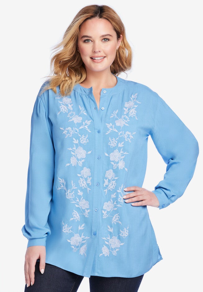 Button Front Embroidered Tunic, BLUE COAST VINE FLORAL EMBROIDERY, hi-res image number null