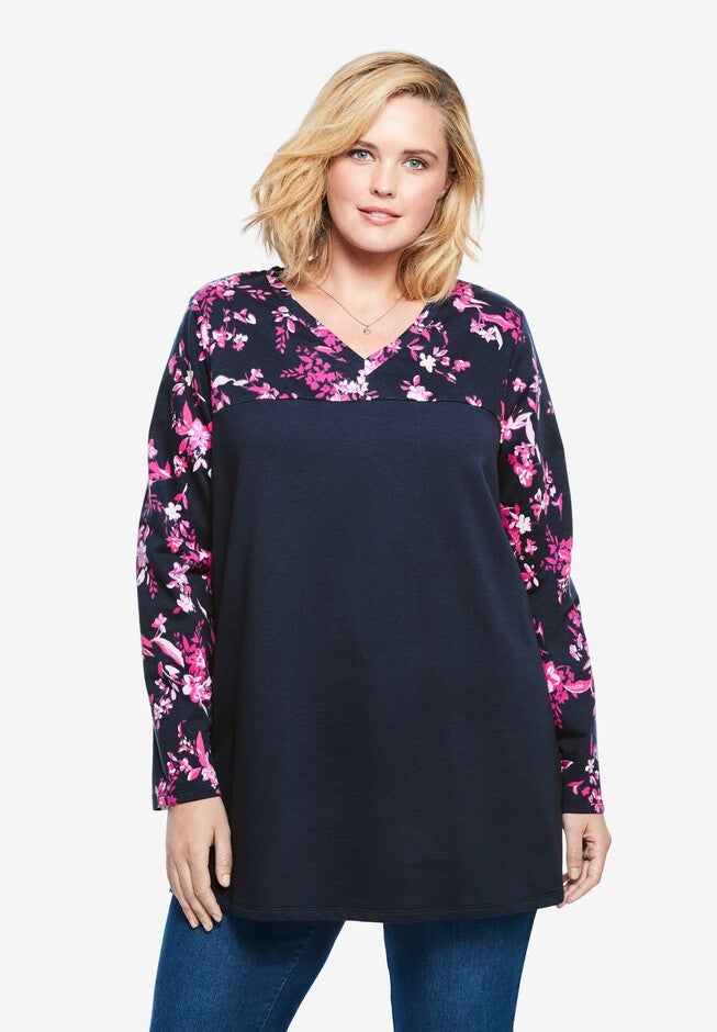 Printed Yoke French Terry Sweatshirt, NAVY GRAPHIC BLOSSOM, hi-res image number null
