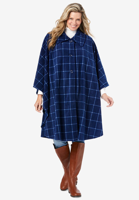 Button-Front Fleece Cape, NAVY WINDOW PANE PLAID, hi-res image number null