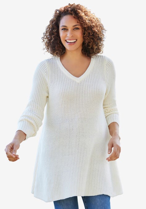 V-Neck Shaker Trapeze Sweater, IVORY, hi-res image number null