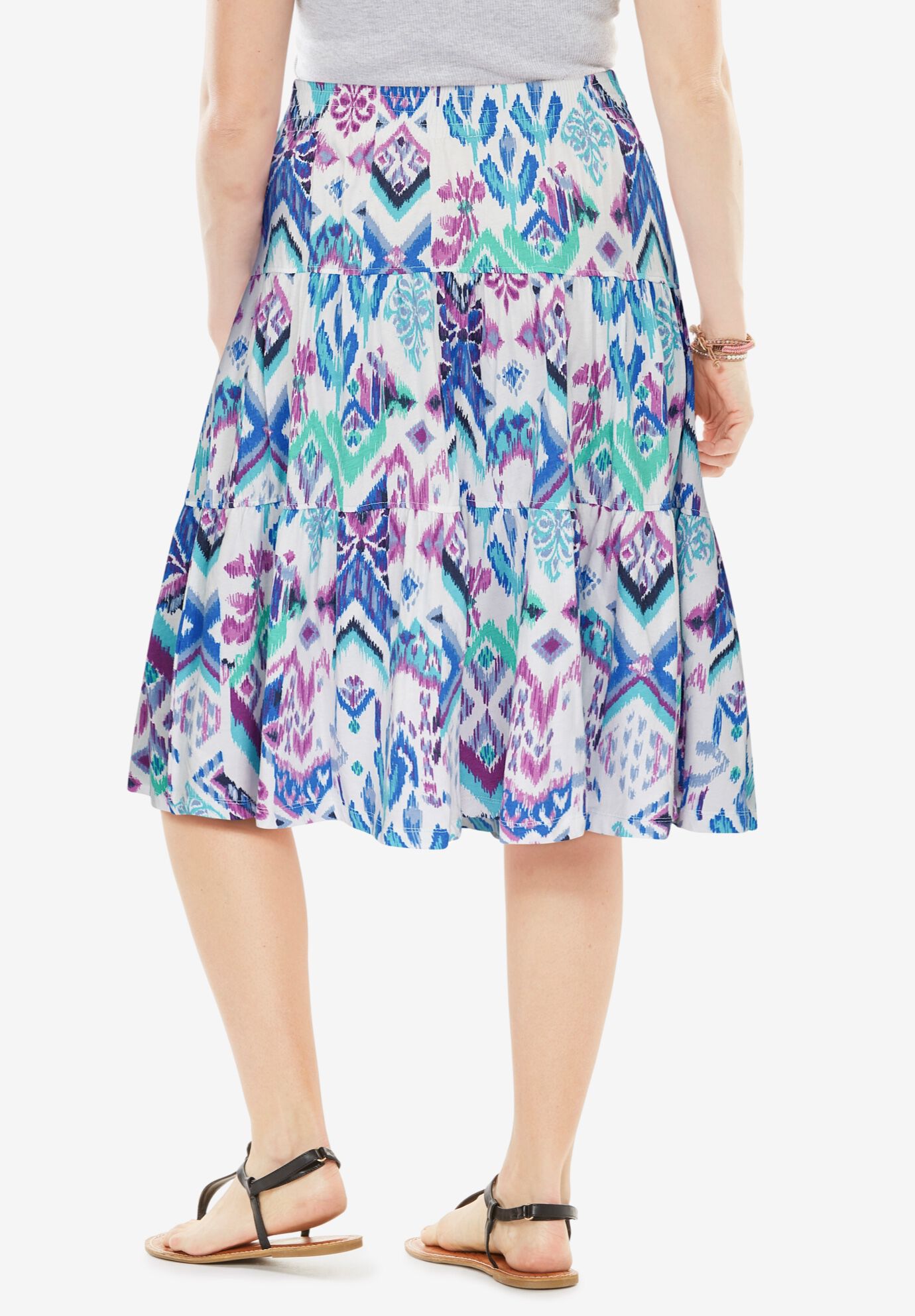 Elastic-Waist Knit Tiered Skirt, WHITE MULTI BATIK, alternate image number 3