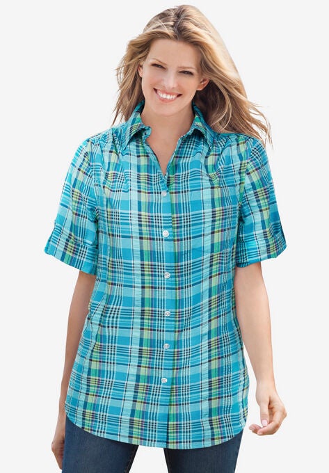 Short Sleeve Button Down Seersucker Shirt, TEAL LOVELY PLAID (YARN-DYE), hi-res image number null