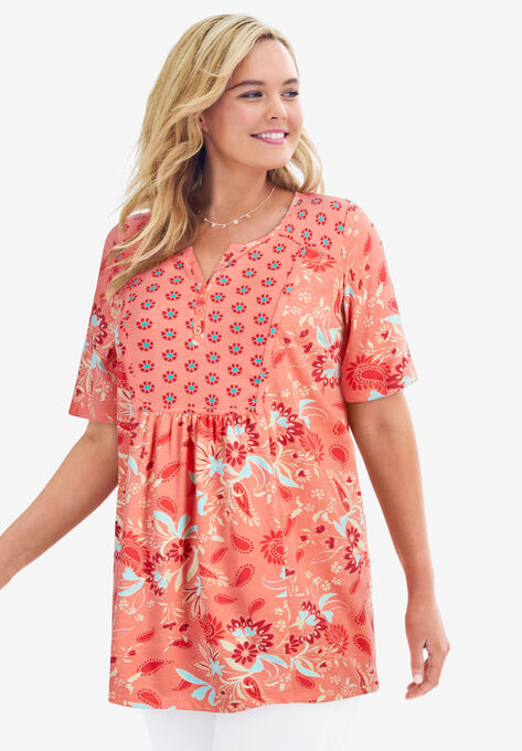 Mixed Print Henley Tunic, SWEET CORAL CHARMING PAISLEY, hi-res image number null