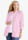 Cotton Cable Knit Cardigan Sweater, PINK, hi-res image number null