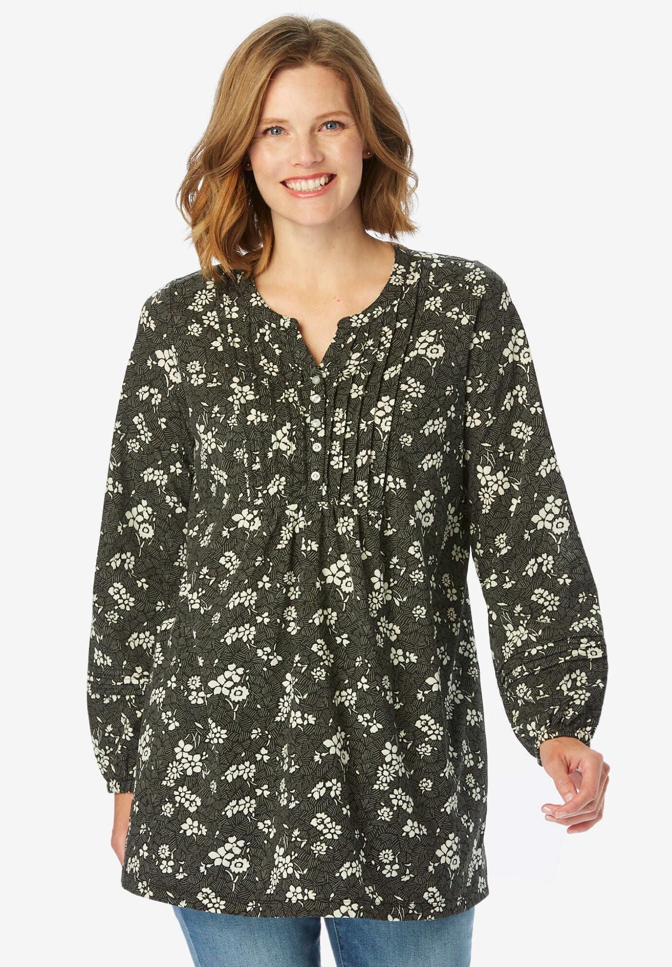 Long-Sleeve Pintuck Bib Tunic, BLACK SKETCHED FLORAL, hi-res image number 0
