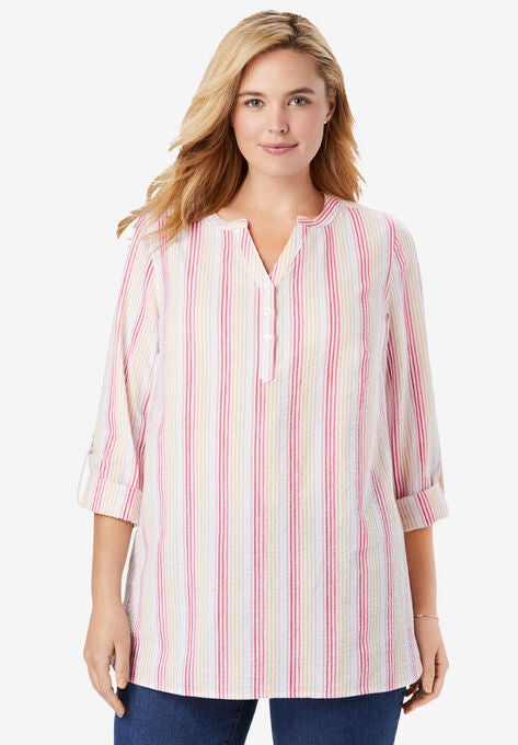 Seersucker Notch Henley Tunic, ROSE PINK RAINBOW STRIPE, hi-res image number null