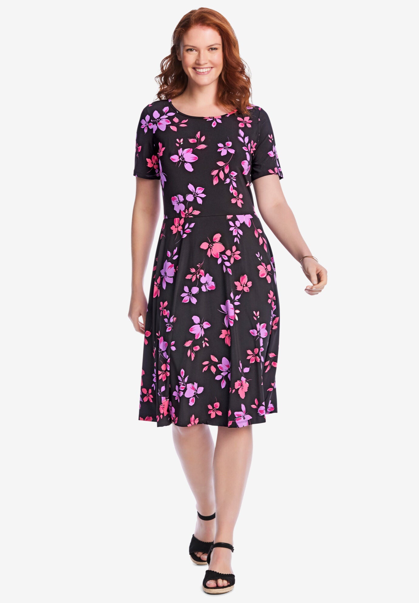 Short Sleeve Fit & Flare Dress, , alternate image number 3