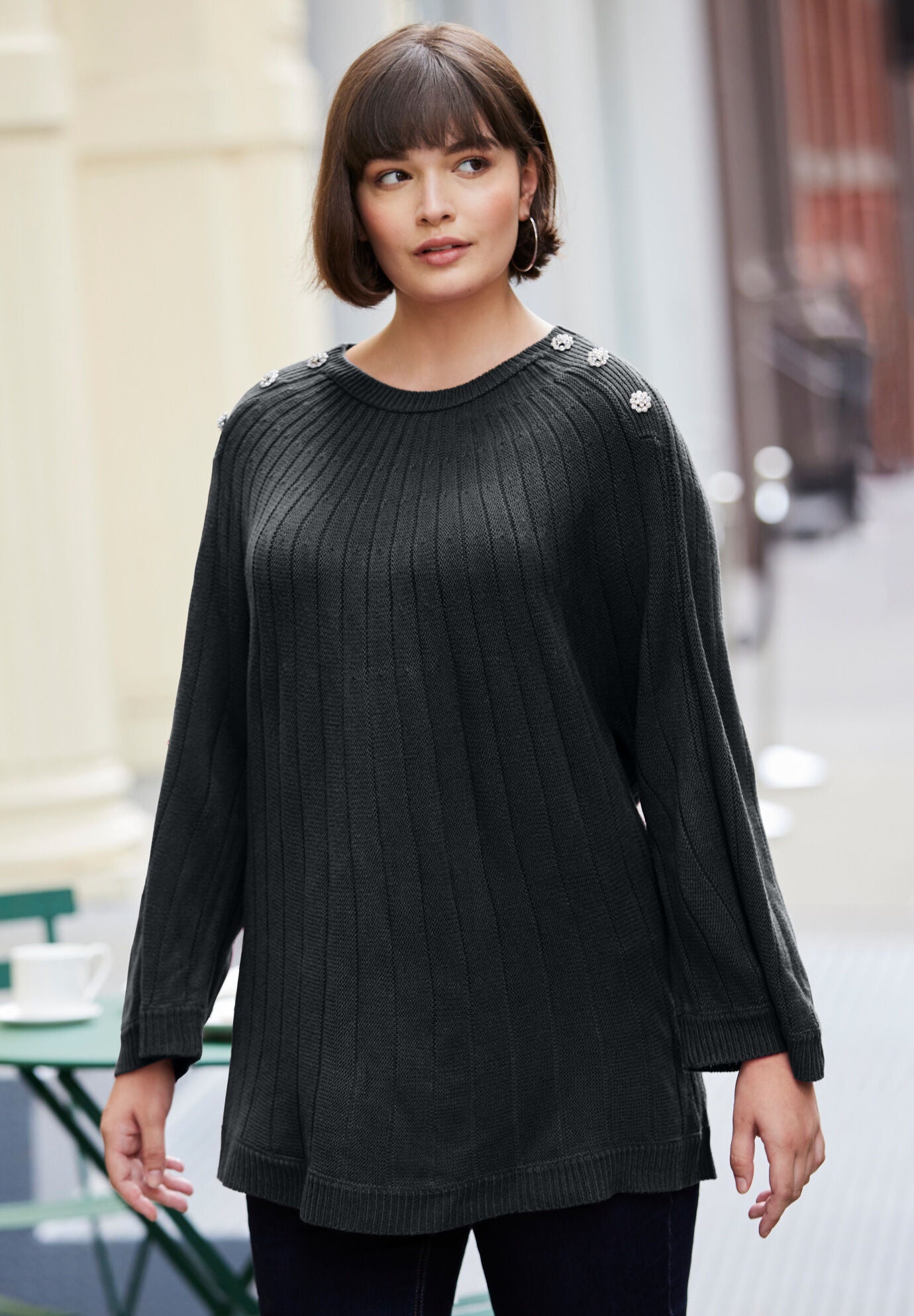 Novelty Button Accented Pullover, BLACK, hi-res image number 0