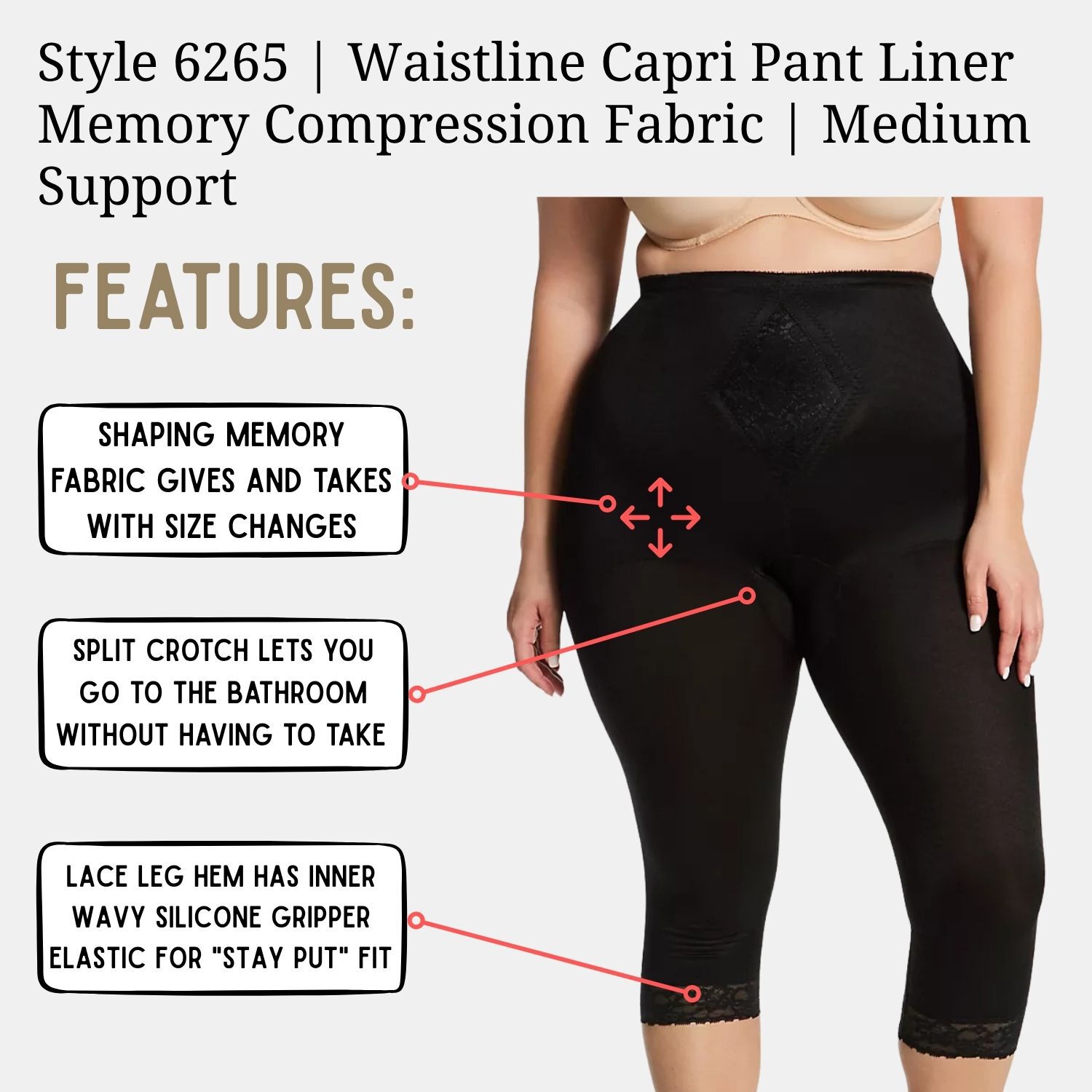 Moderate Control Waistline Capri Pant Liner with Tummy Control Panel Memory Compression Fabric 6265, BLACK, alternate image number 3