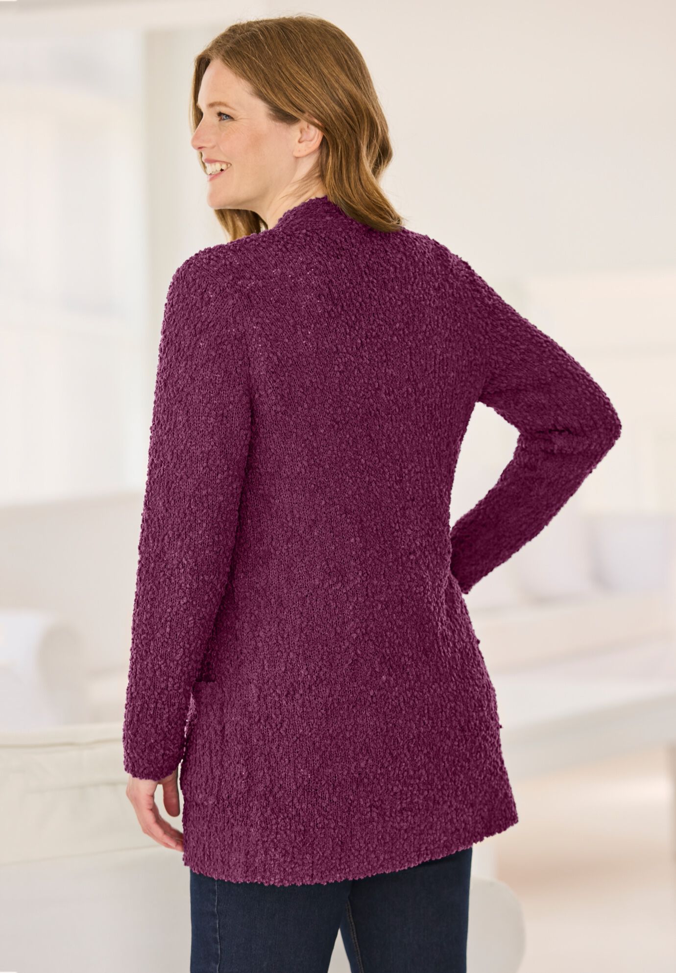 Cozy Boucle Cardigan Sweater, DEEP CLARET, on-hover image number 1