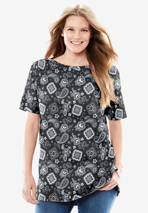 Perfect Printed Short-Sleeve Boatneck Tunic, BLACK BANDANA PAISLEY, hi-res image number null