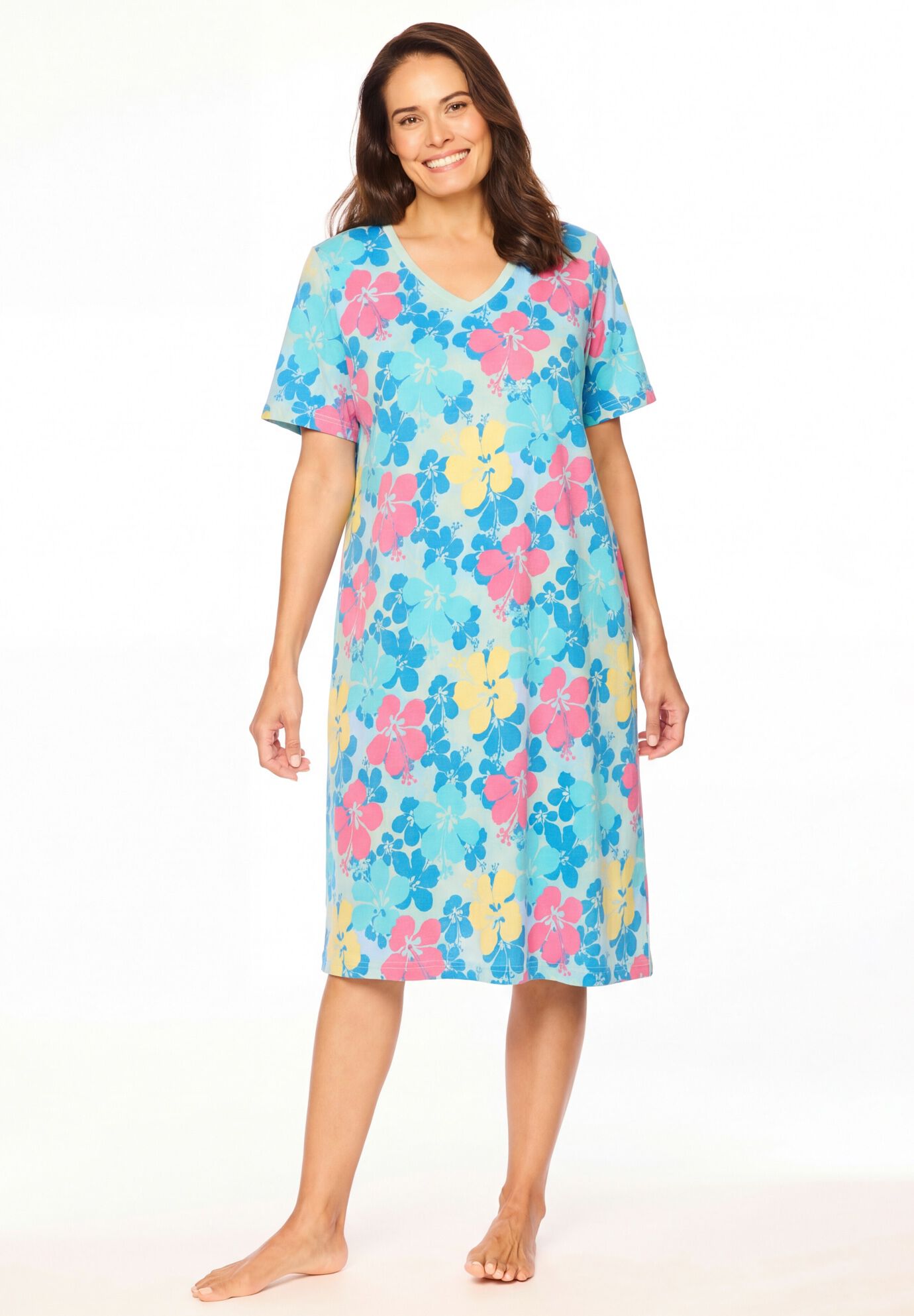 V-NECK SHORT SLEEVE KNEE-LENGTH COTTON SLEEPSHIRT, , alternate image number 5