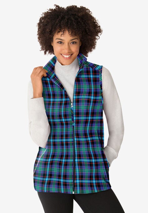 Zip-Front Microfleece Vest, BLUE PLAID, hi-res image number null