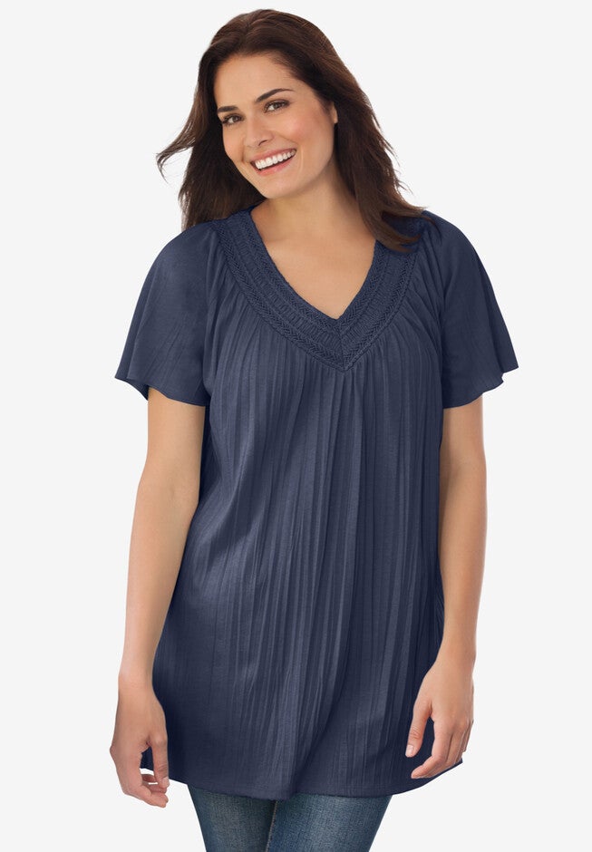 Short-Sleeve V-Neck Crinkle Tunic, NAVY, hi-res image number 0