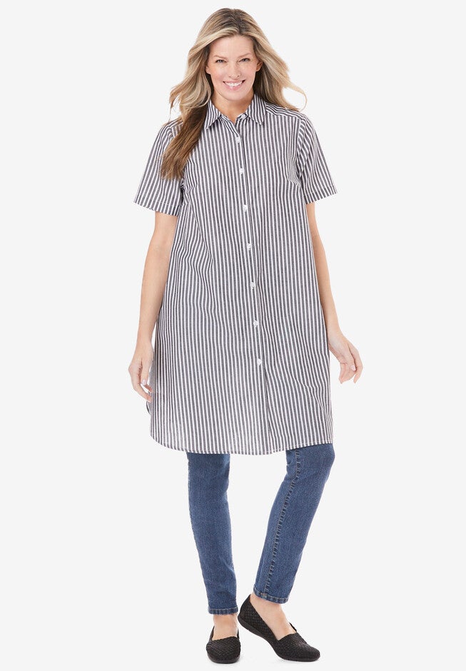 Longer-Length Button-Front Tunic, BLACK STRIPE, hi-res image number 0