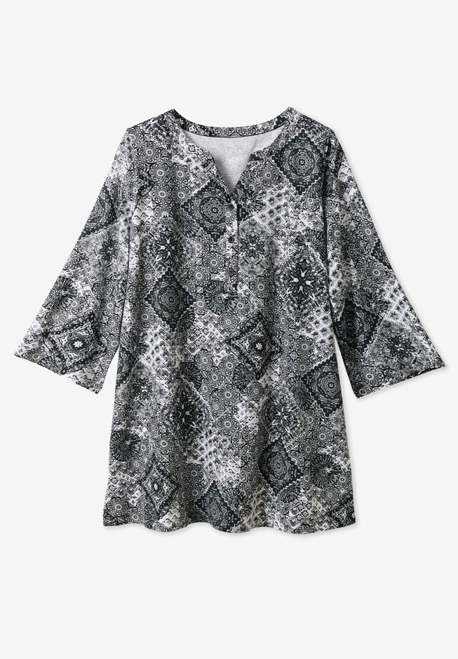 Henley Three-Quarter Sleeve Knit Tunic, , alternate image number null