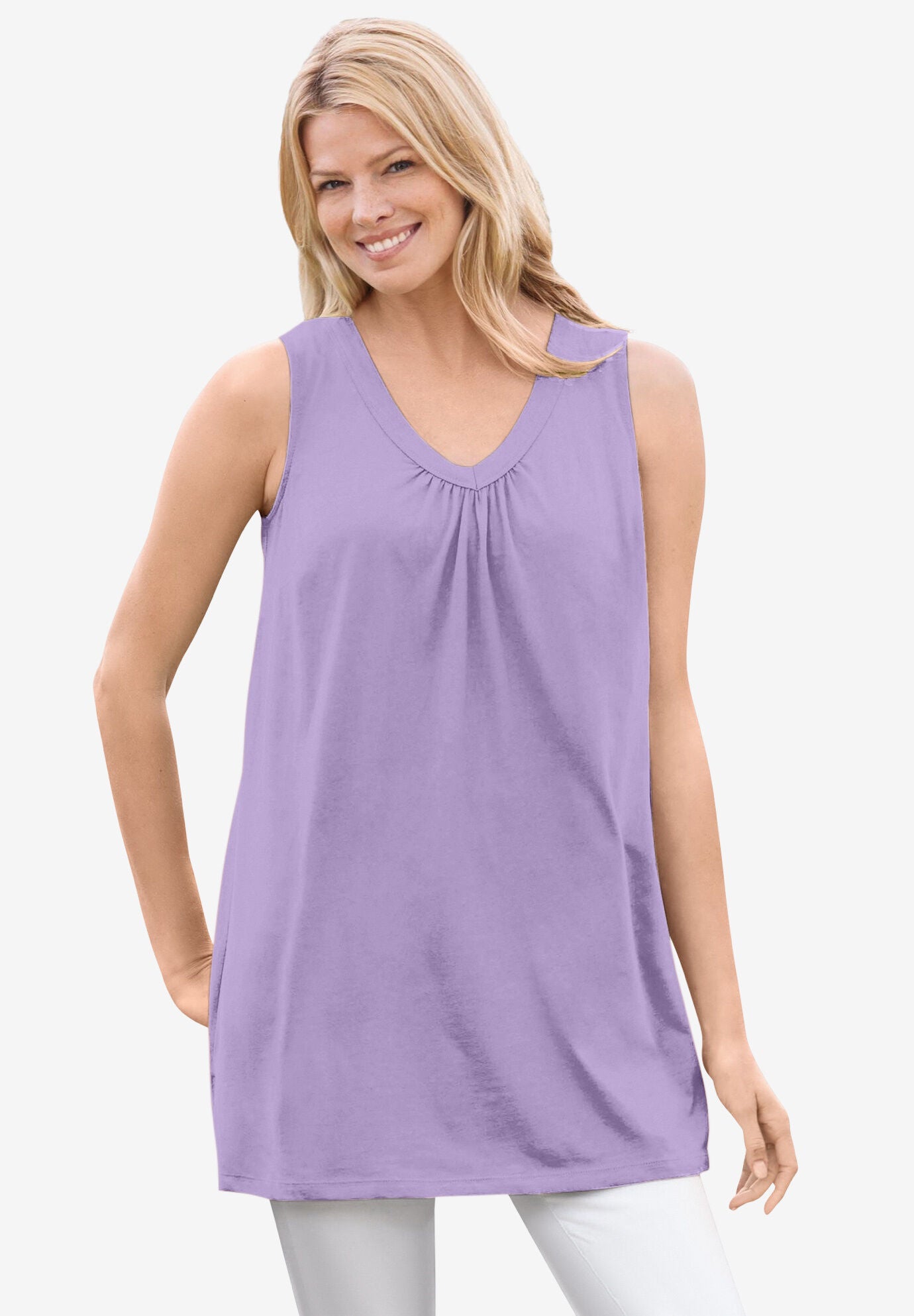 Perfect Sleeveless Shirred V-Neck Tunic, , alternate image number 3