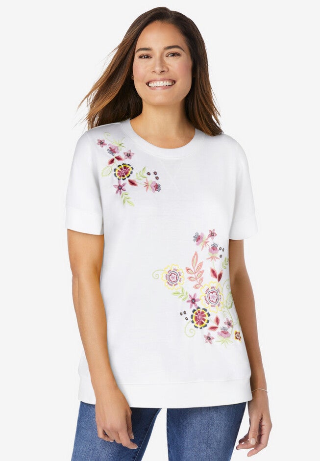 Short Sleeve Sweatshirt, WHITE MULTI FLORAL EMBROIDERY, hi-res image number null