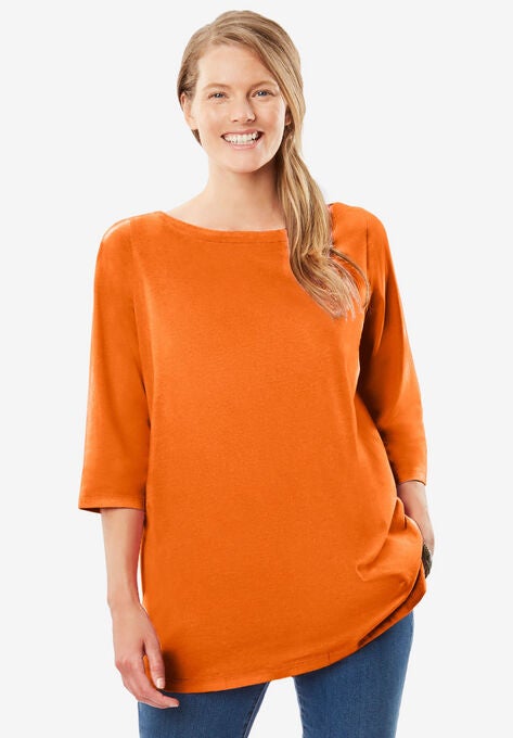 Perfect Three-Quarter Sleeve Boat-Neck Tee, GRENADINE, hi-res image number null
