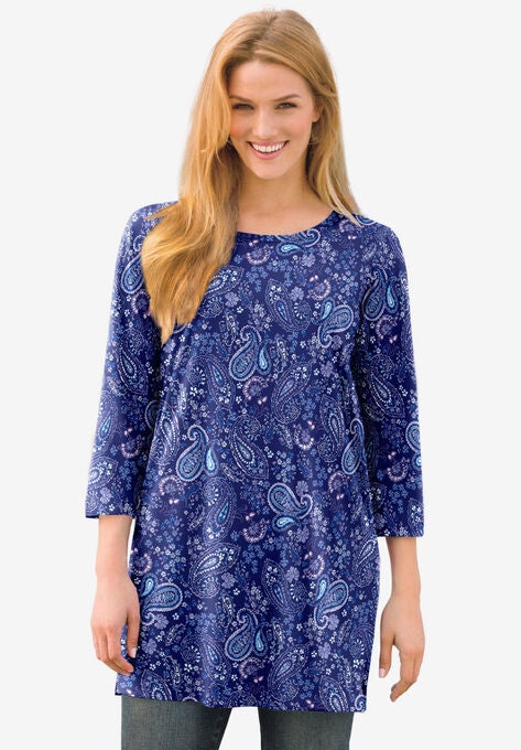 Perfect Printed Three-Quarter-Sleeve Scoop-Neck Tunic, EVENING BLUE PAISLEY, hi-res image number null