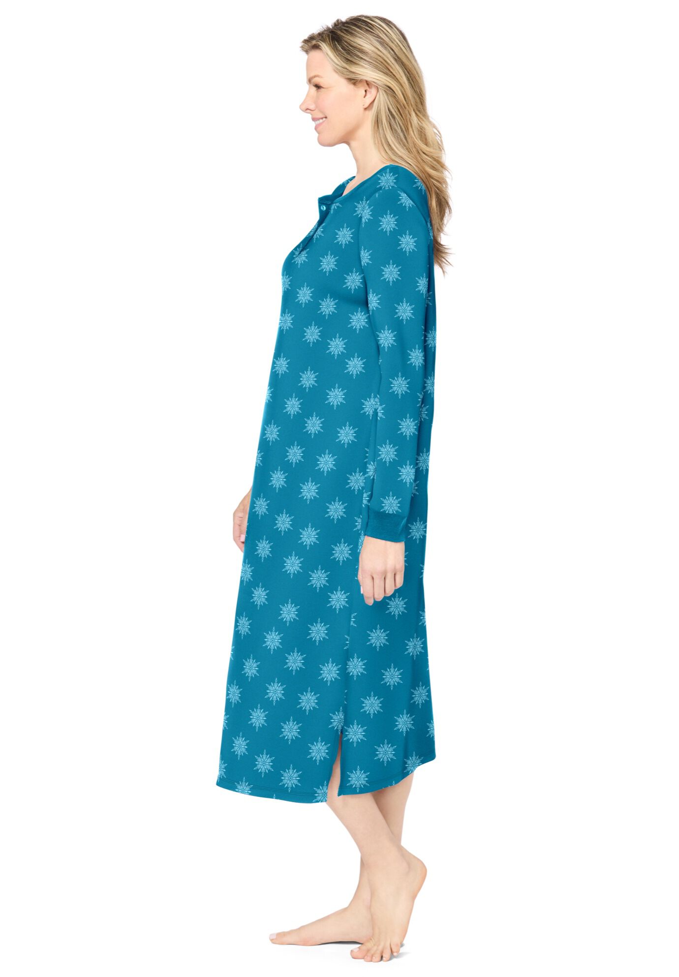 Thermal Henley Sleepshirt, DARK TURQ SNOWFLAKES, alternate image number 2