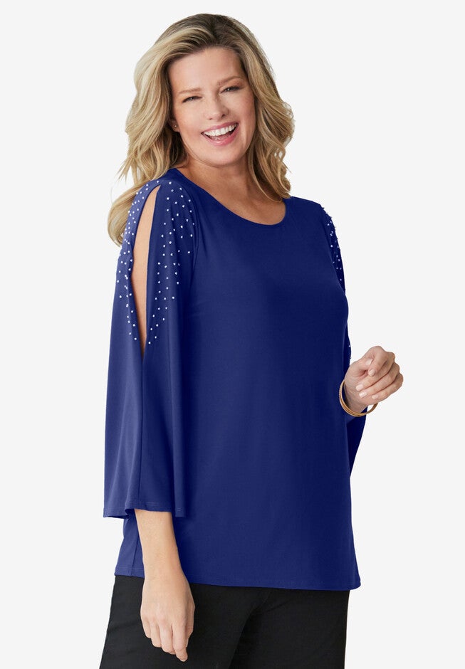 Beaded Cold Shoulder Top, SAPPHIRE, hi-res image number null