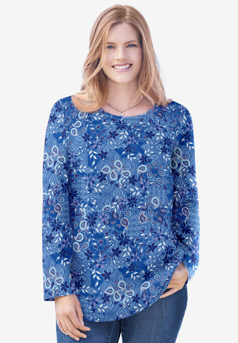 Perfect Printed Long-Sleeve Henley Tee, BRIGHT COBALT PATCHWORK, hi-res image number null