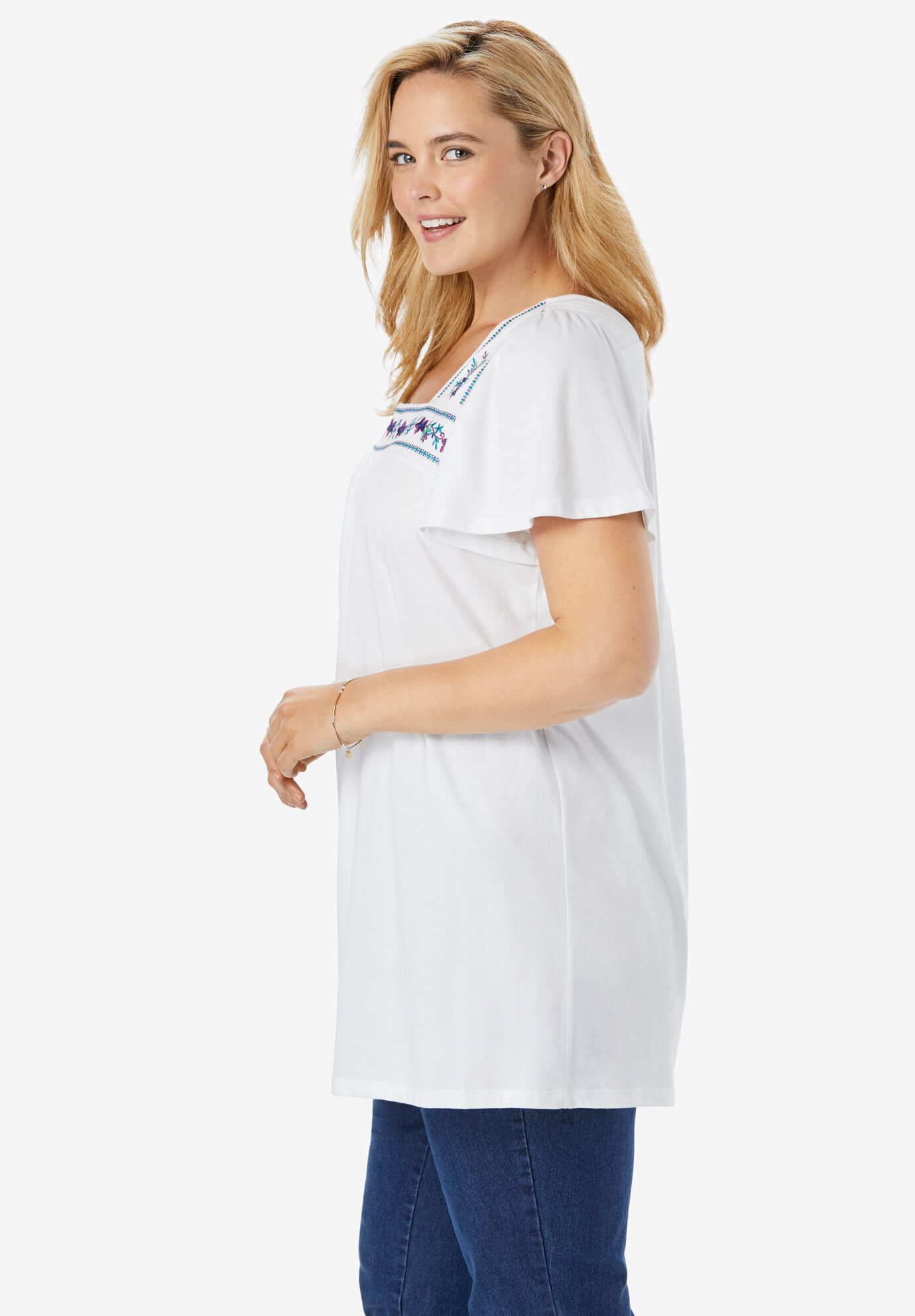 Embroidered Square Neck Tunic, WHITE MULTI EMBROIDERY, alternate image number 2