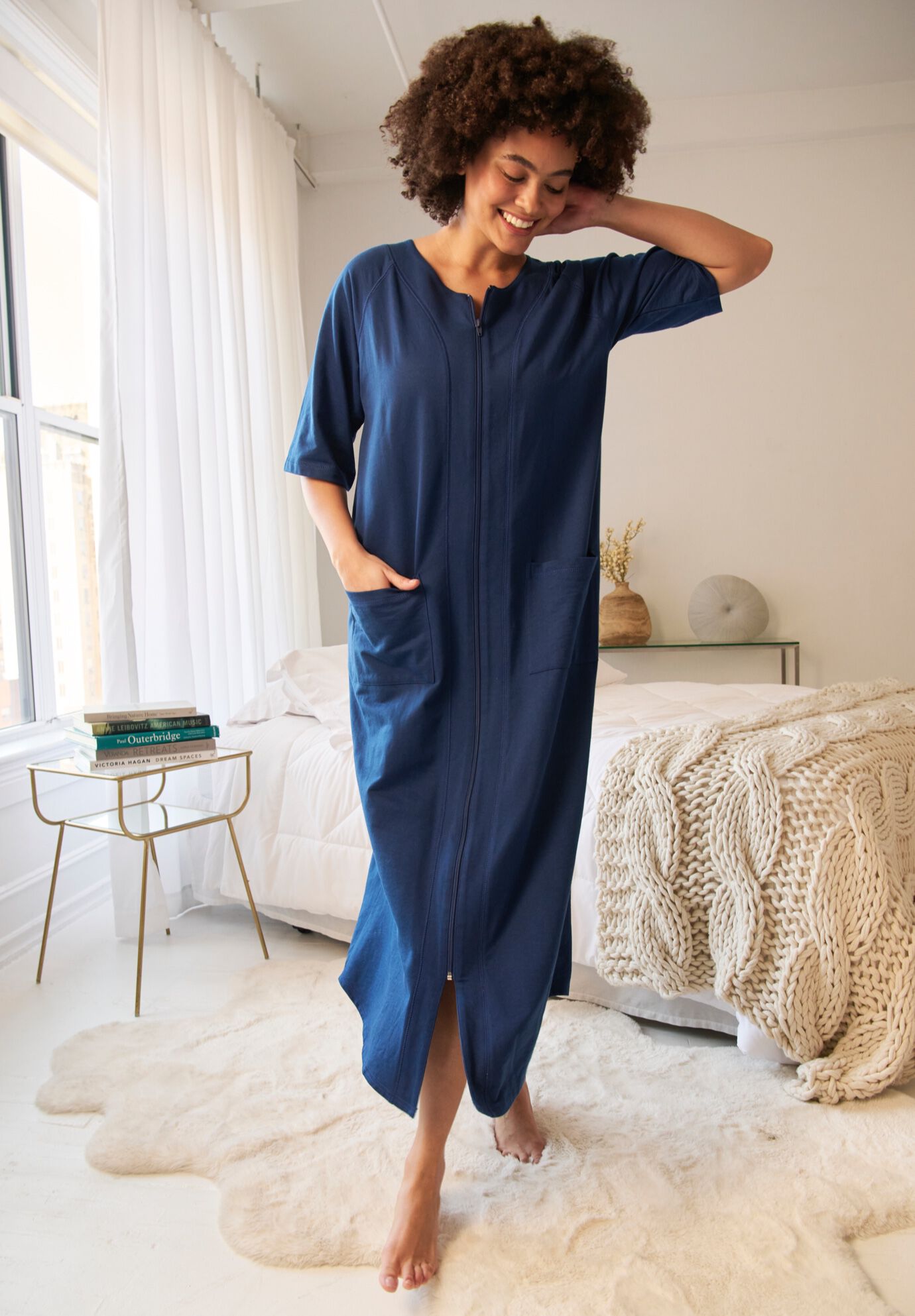 Long French Terry Zip-Front Robe, , alternate image number 6