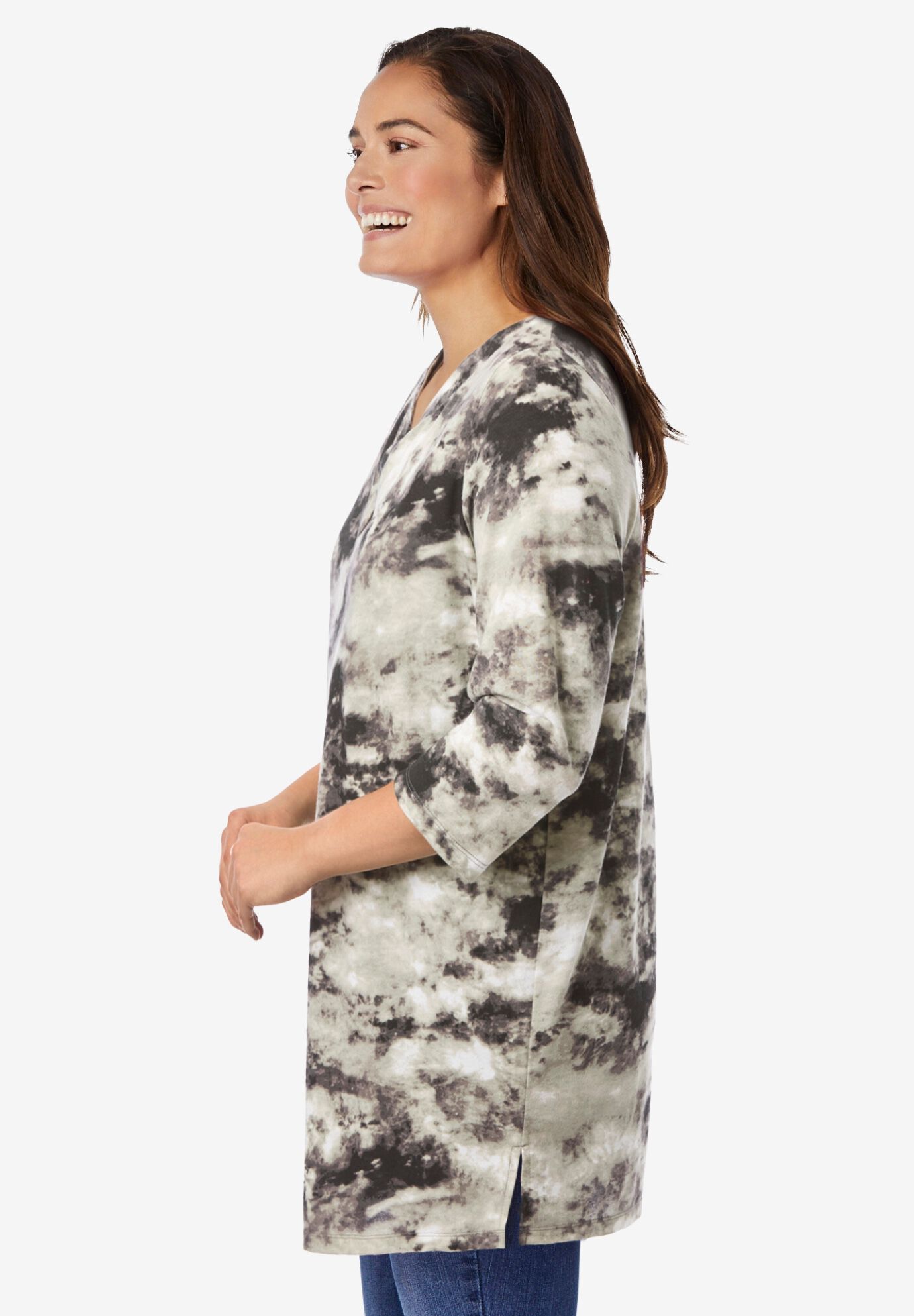 Three-Quarter Sleeve Notch-Neck Tunic, BLACK PRETTY TIE DYE, alternate image number 2