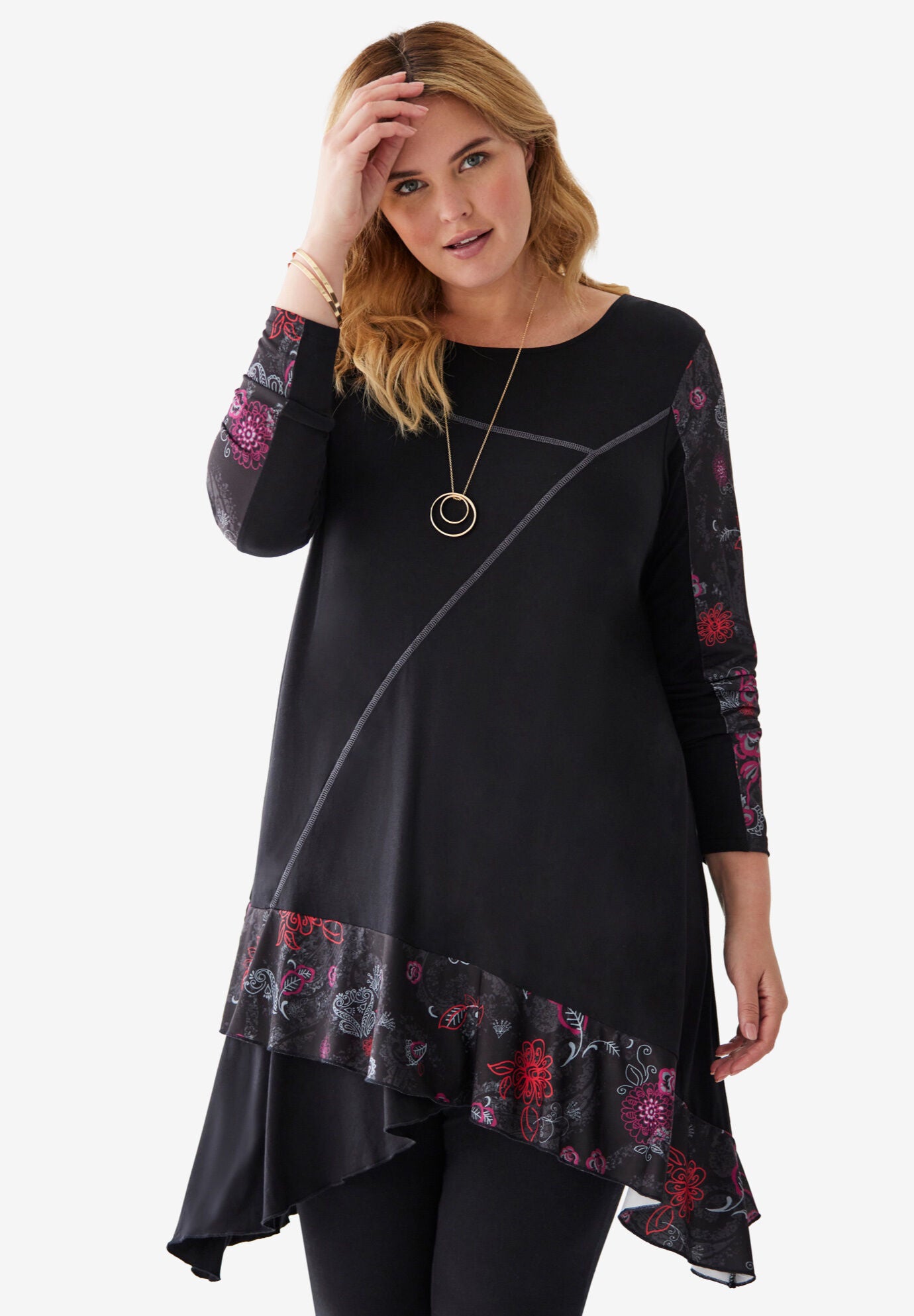 Asymmetric Tunic, BLACK STAMP FLORAL, hi-res image number 0