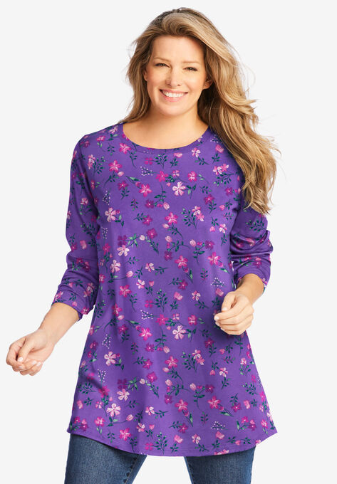 Perfect Long-Sleeve Crewneck Tunic, PETAL PURPLE PRETTY FLORAL, hi-res image number null
