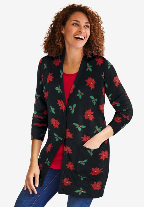 Longer-Length Cotton Cardigan, BLACK POINSETTIA, hi-res image number null