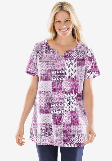Print Patchwork Knit Tunic, DEEP CLARET GEO PATCHWORK, hi-res image number null