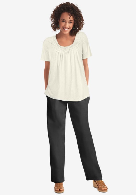 Crochet-Trim Knit Top, IVORY, hi-res image number null