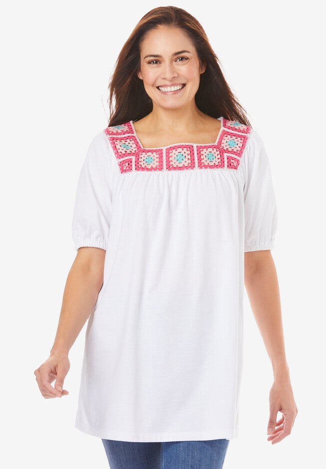 Square Neck Crochet Tunic, WHITE, hi-res image number 0