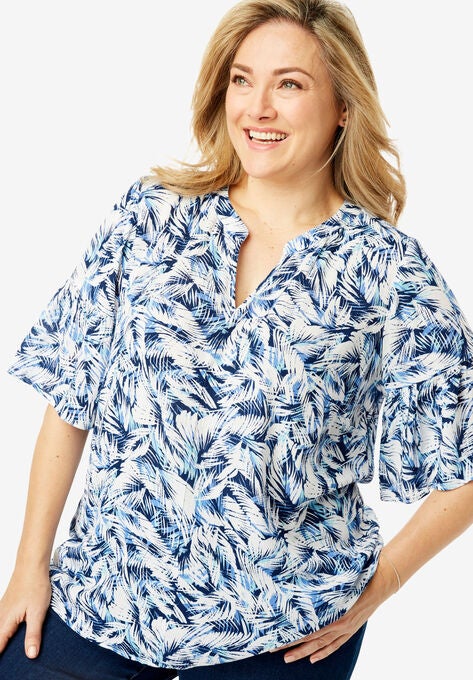 Gauze Bell Sleeve Blouse, EVENING BLUE JUNGLE LEAF, hi-res image number null