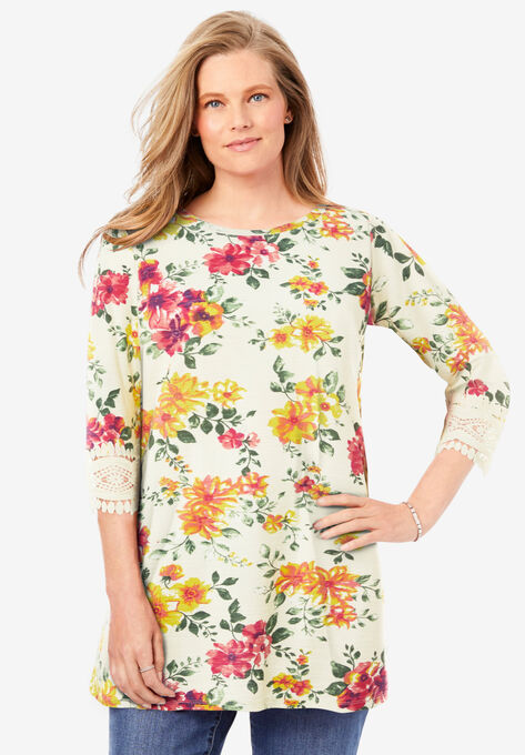 Crochet-Trim Three-Quarter Sleeve Tunic, IVORY YELLOW WATERCOLOR FLORAL, hi-res image number null