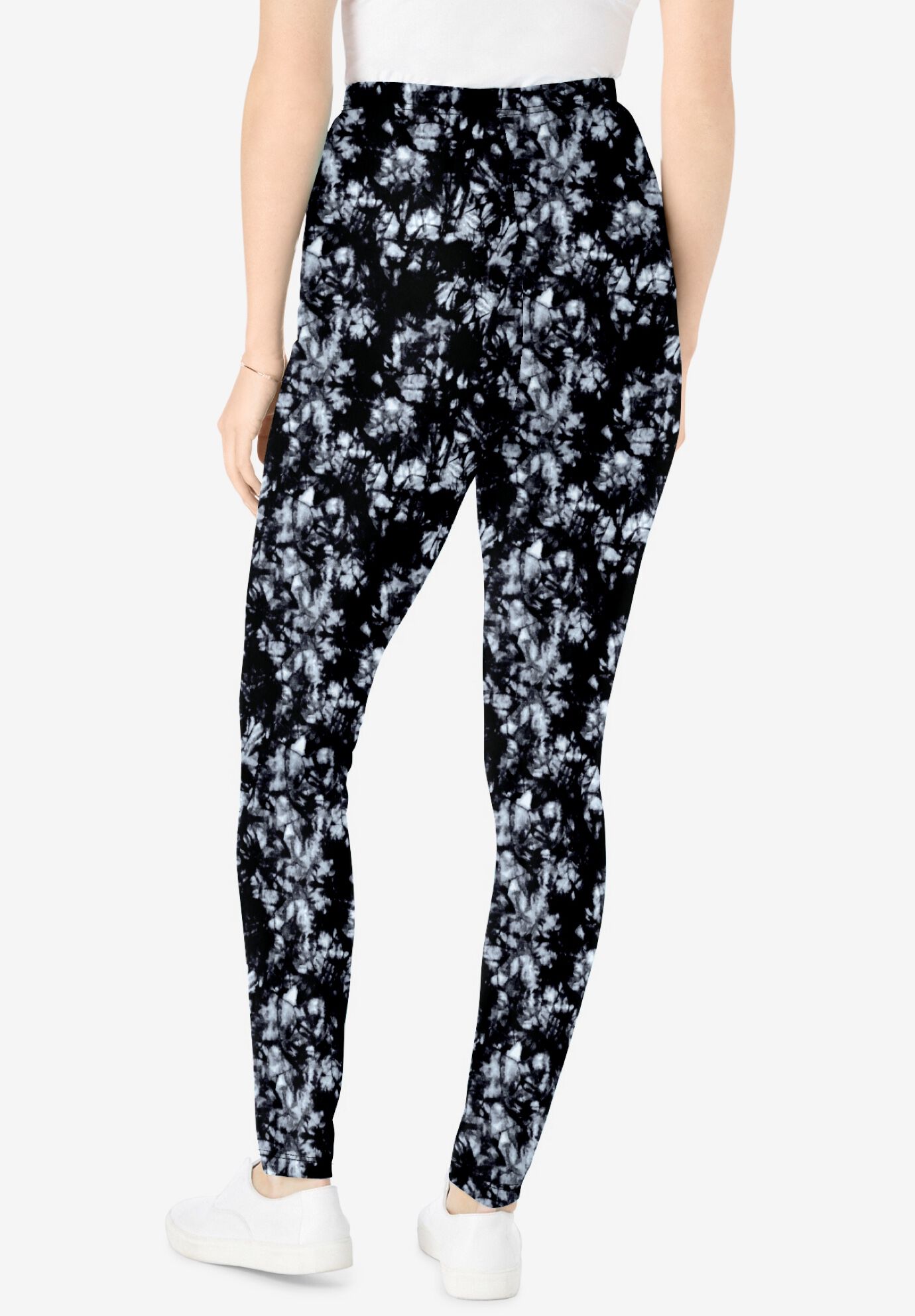 Stretch-Cotton Knit Pull-On Printed Leggings, BLACK WHITE TIE DYE, on-hover image number 1