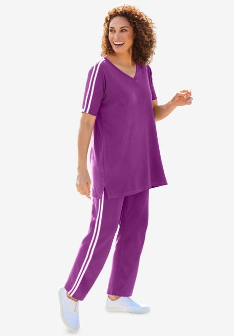 Two-Piece Short Sleeve V-Neck Knit Set, PLUM PURPLE, hi-res image number null