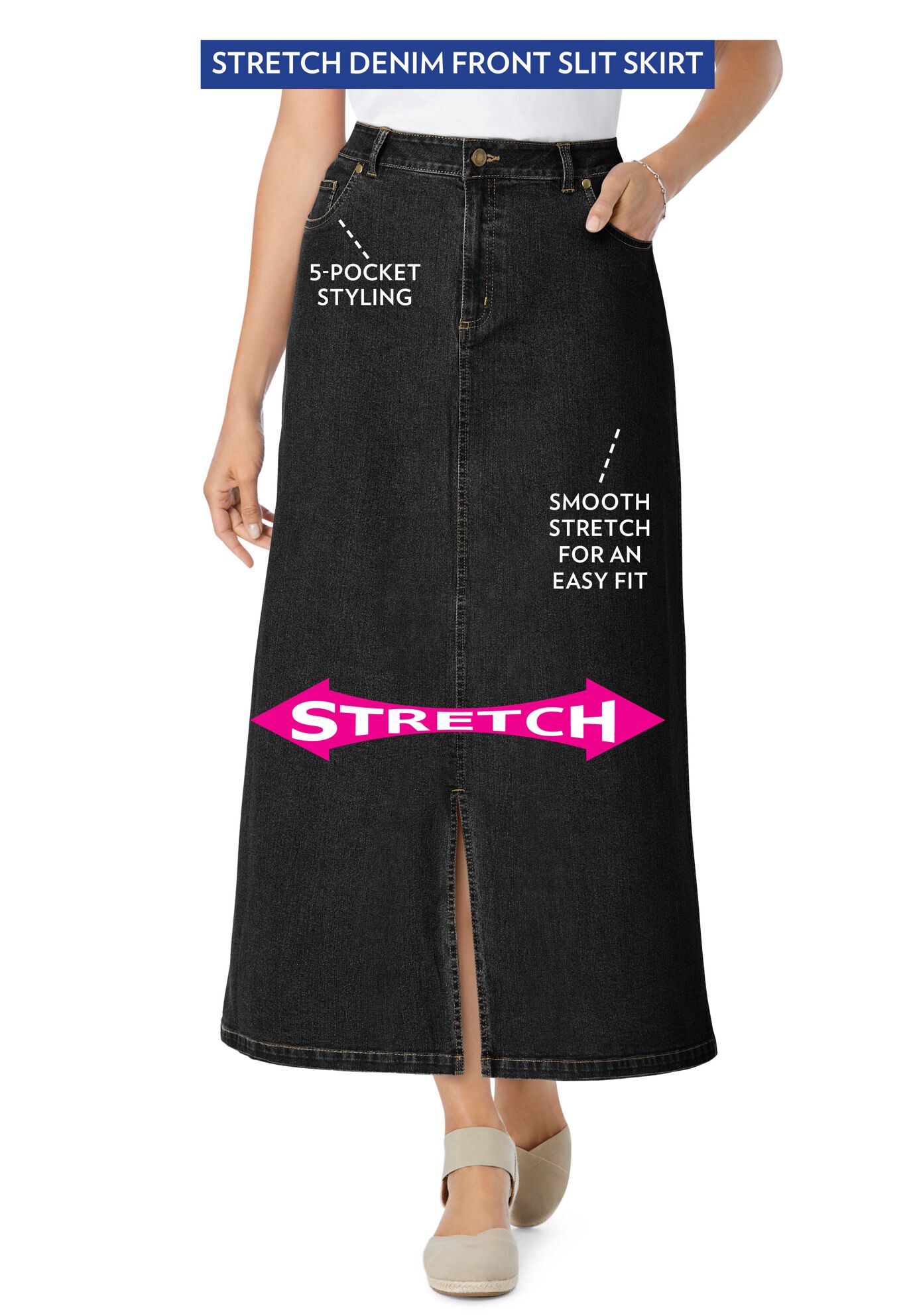 Stretch Denim Front-Slit Skirt, BLACK DENIM, alternate image number 2