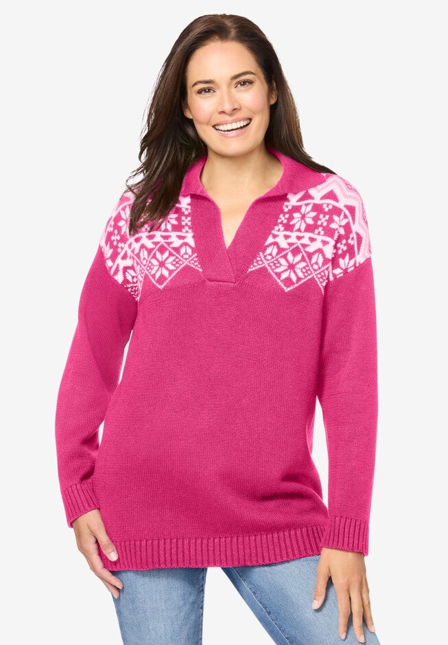 Pullover Fair Isle V-Neck Sweater, RASPBERRY SORBET FAIR ISLE, hi-res image number null